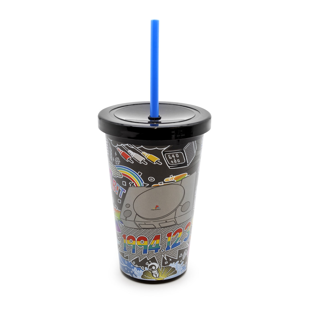 Colorful tumbler with a black lid and blue straw on a white background