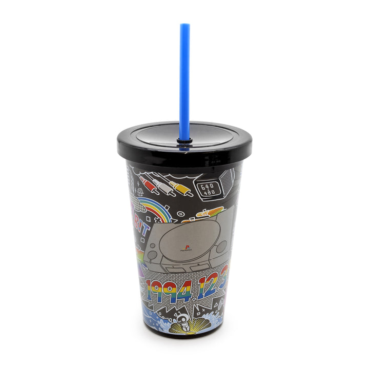 Colorful tumbler with a black lid and blue straw on a white background