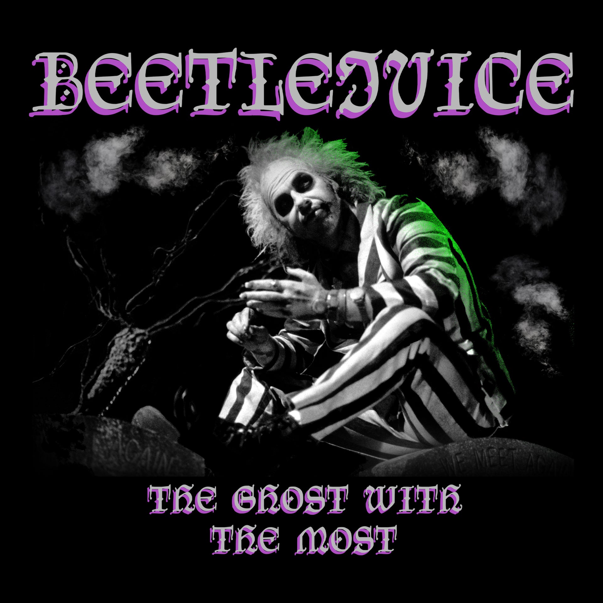 image on shirt: beetlejuice sitting in graveyard looking up at sky. text: beetlejuice the ghost with the most