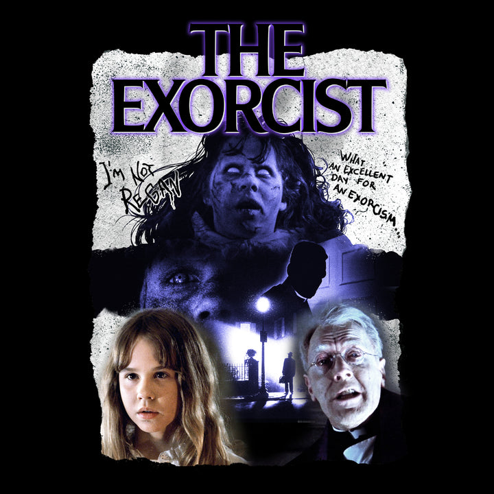 image on shirt: girl possessed with white out eyes. girl possessed with eyes open. shadowed man. little girl. man with hat standing under lamppost. priest. text: the exorcist i'm not regan what an excellent day for an exorcism.