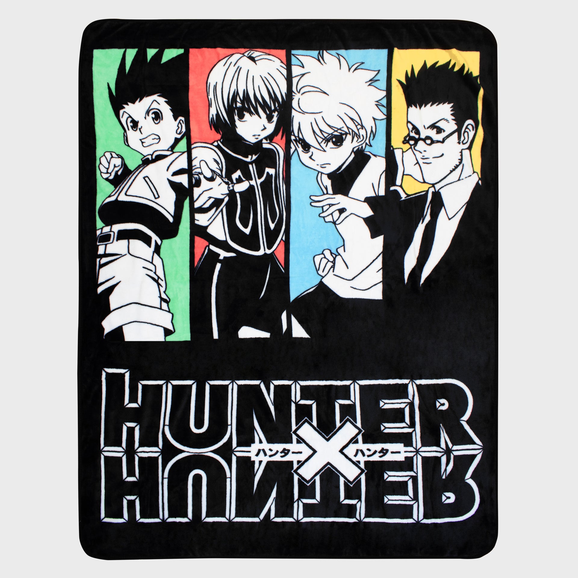 hunter x hunter black throw blanket. image on blanket: gon on green, kerapika on red, killua on blue, leorio on yellow. text on blanket: hunter x hunter