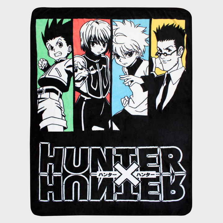 hunter x hunter black throw blanket. image on blanket: gon on green, kerapika on red, killua on blue, leorio on yellow. text on blanket: hunter x hunter