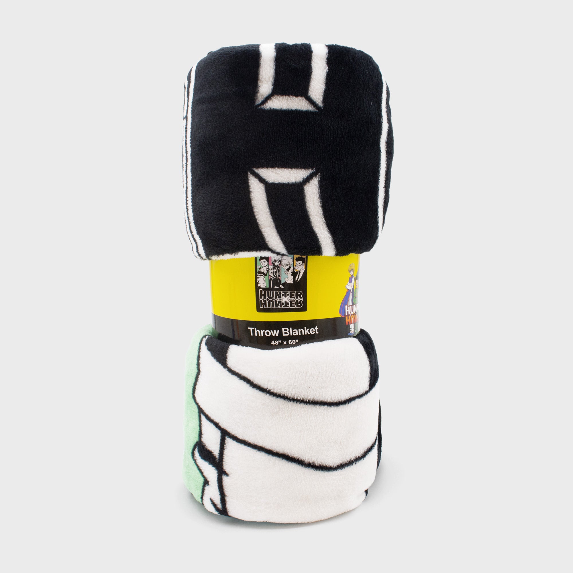 packaging of throw blanket. text on package: hunter x hunter throw blanket 48" x 60"