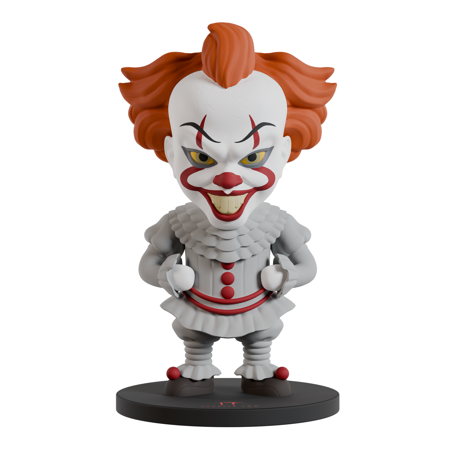 Clown figurine with red hair and white face on a black base