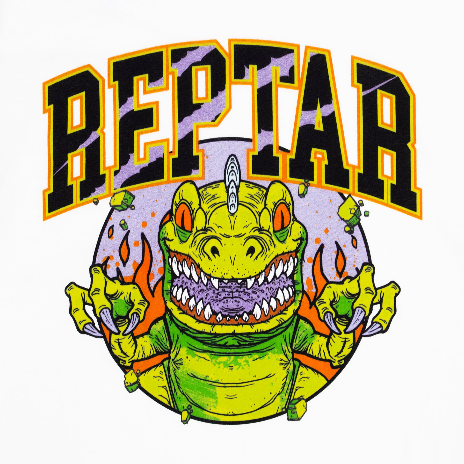 james groman reptar white tee. close up of front image: reptar dinosaur coming out of fire, debri flying. text: reptar.