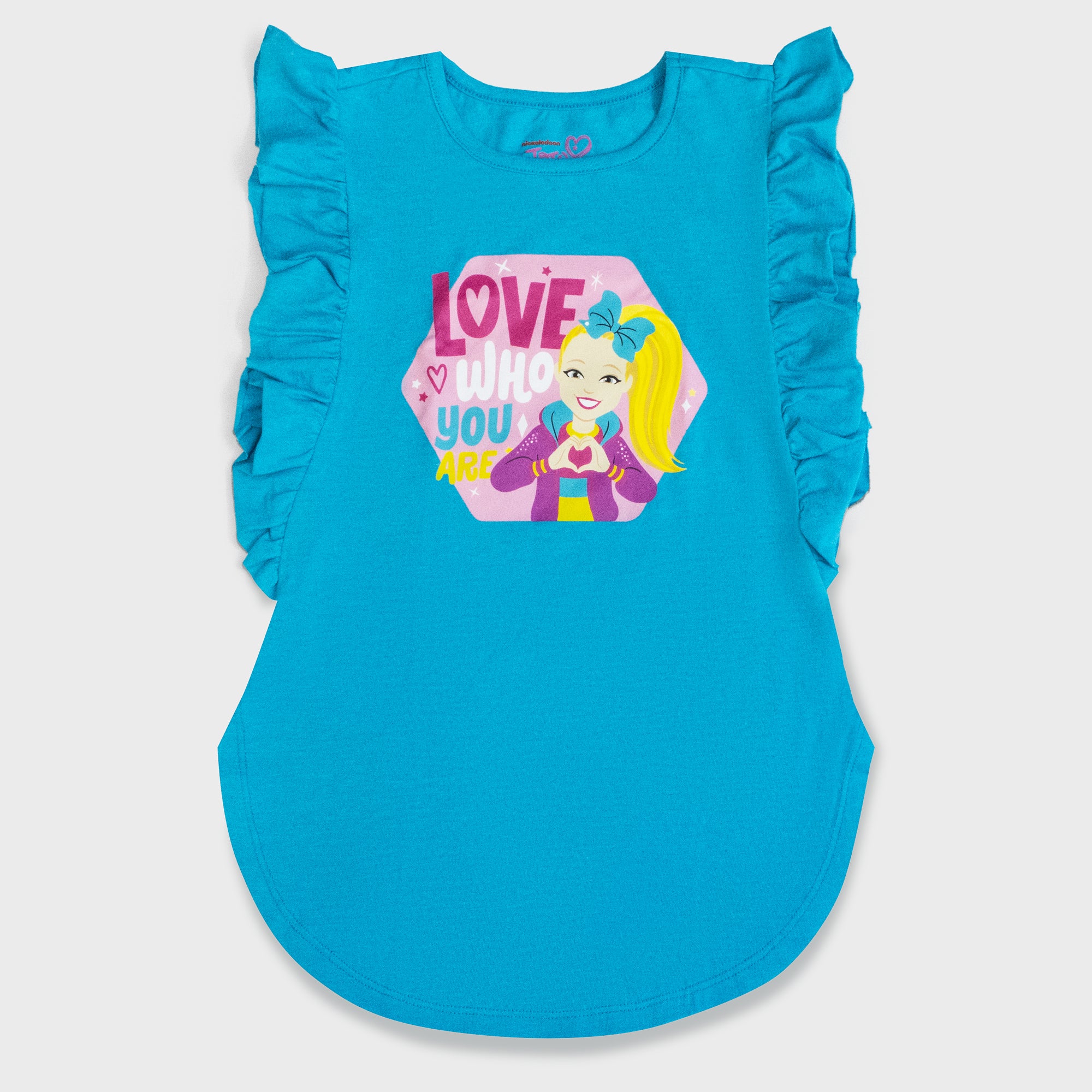 jojo siwa flutter tee. sleeves are ruffled. image on front: jojo holding up heart sign. text: love who you are