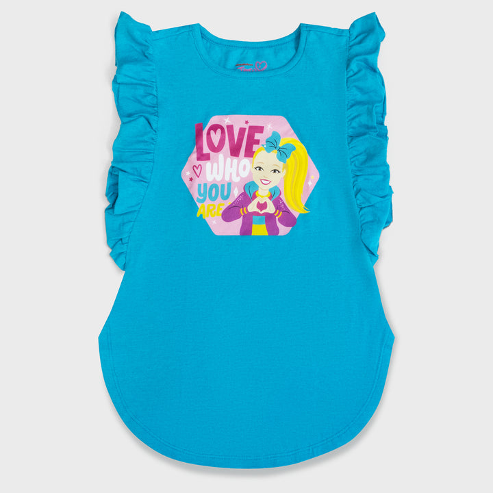 jojo siwa flutter tee. sleeves are ruffled. image on front: jojo holding up heart sign. text: love who you are