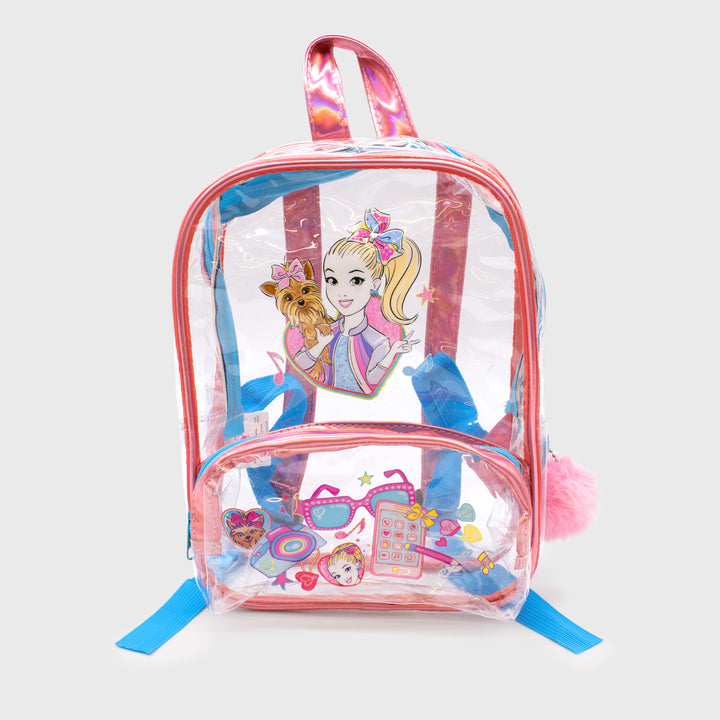 jojo siwa mini clear backpack. big pocket in back, front mini pocket. image on backpage: jojo and bowbow. camera, sunglasses, phone, pencil, music notes.