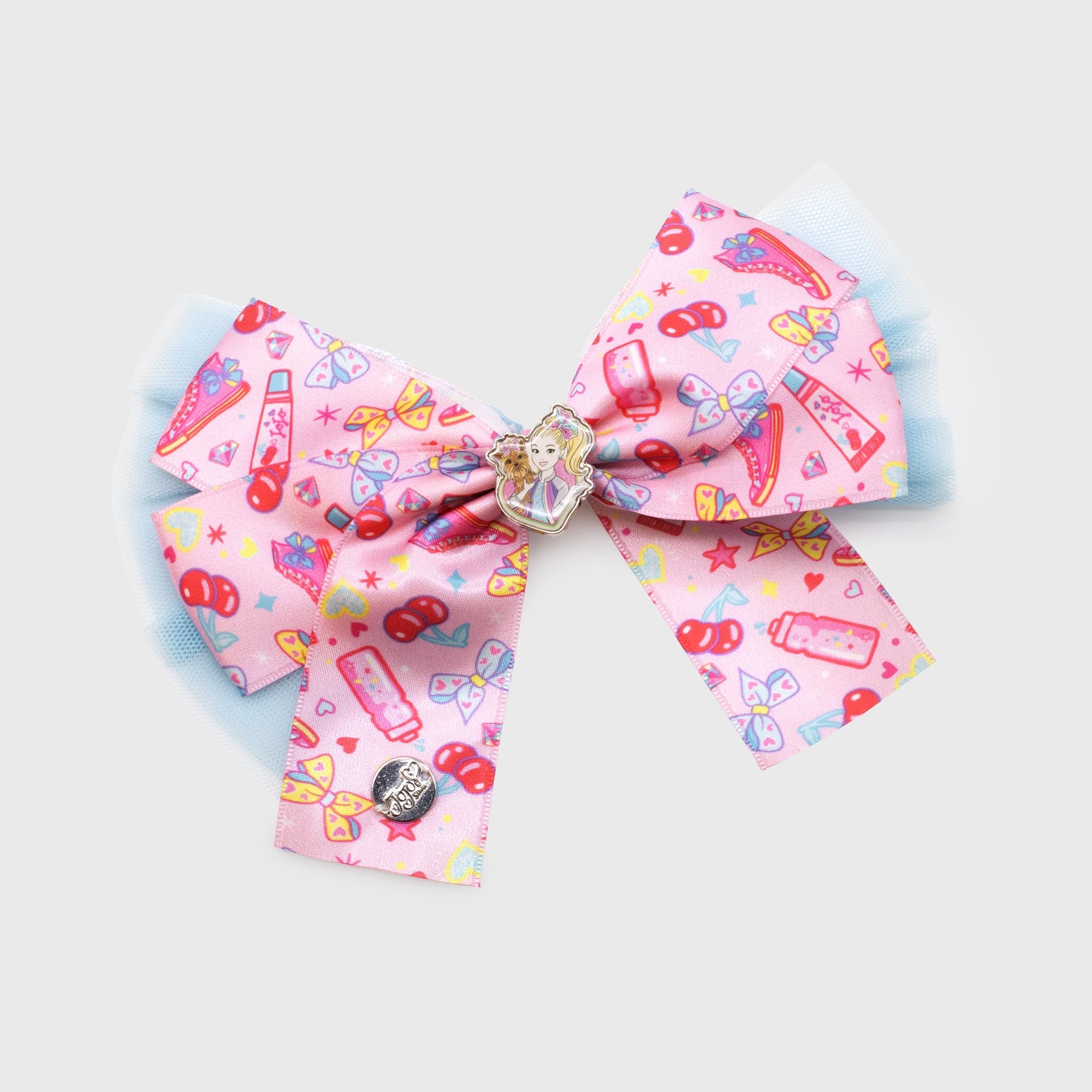 jojo siwa box bow. image on bow: pattern of water bottle, cherries, bows, hearts, stars, and diamonds. charm of jojo and bowbow in middle of bow.