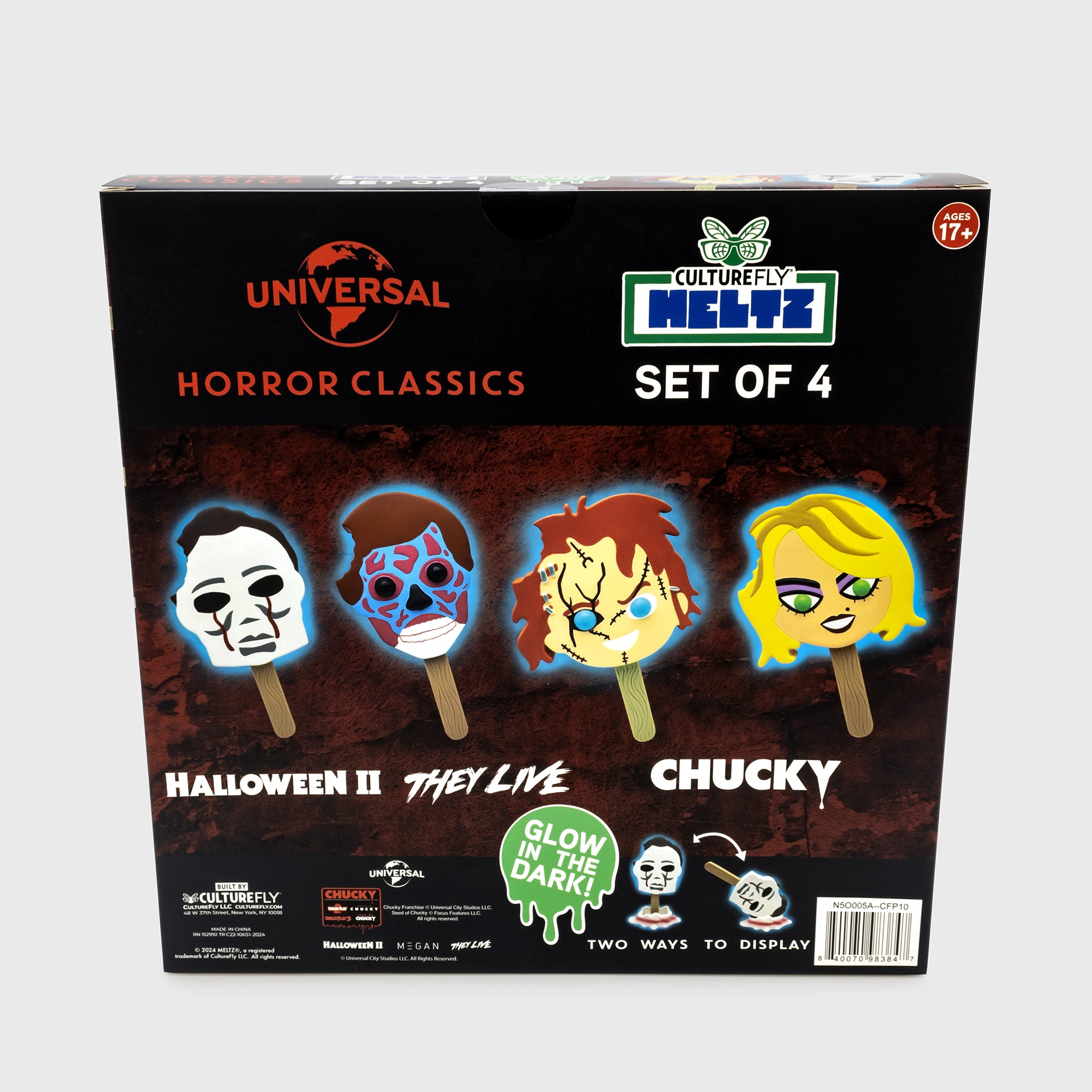 back of packaging. shows all 4 meltz.  text: universal horror classic. culturefly metlz. set of 4. halloween II, they live, chucky. glow in the dark! two ways to display. ages 17+