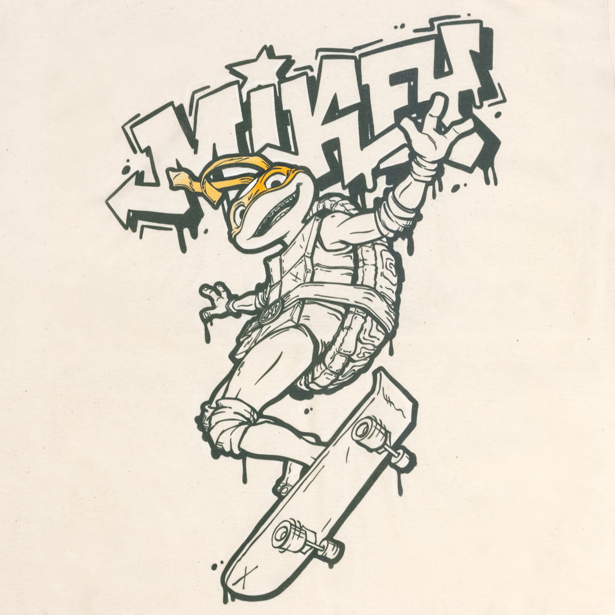 image on shirt: ninja turtle on a skateboard. text: mikey