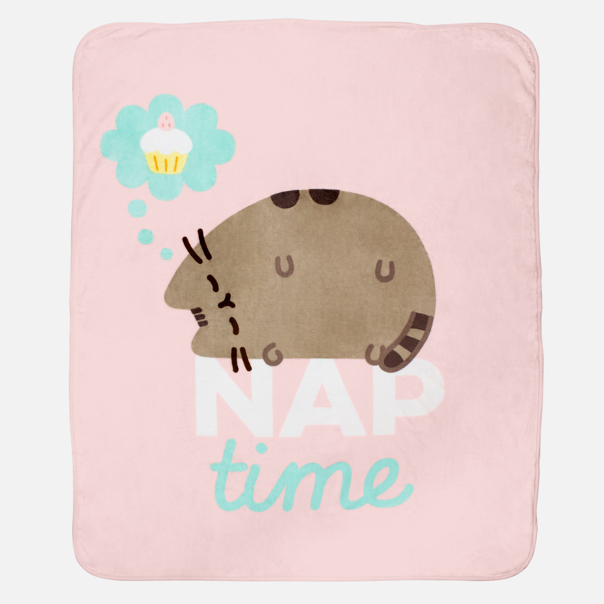 pusheen blanket. image: pusheen asleep with a dream cloud. dreaming of a cupcake. text: nap time.