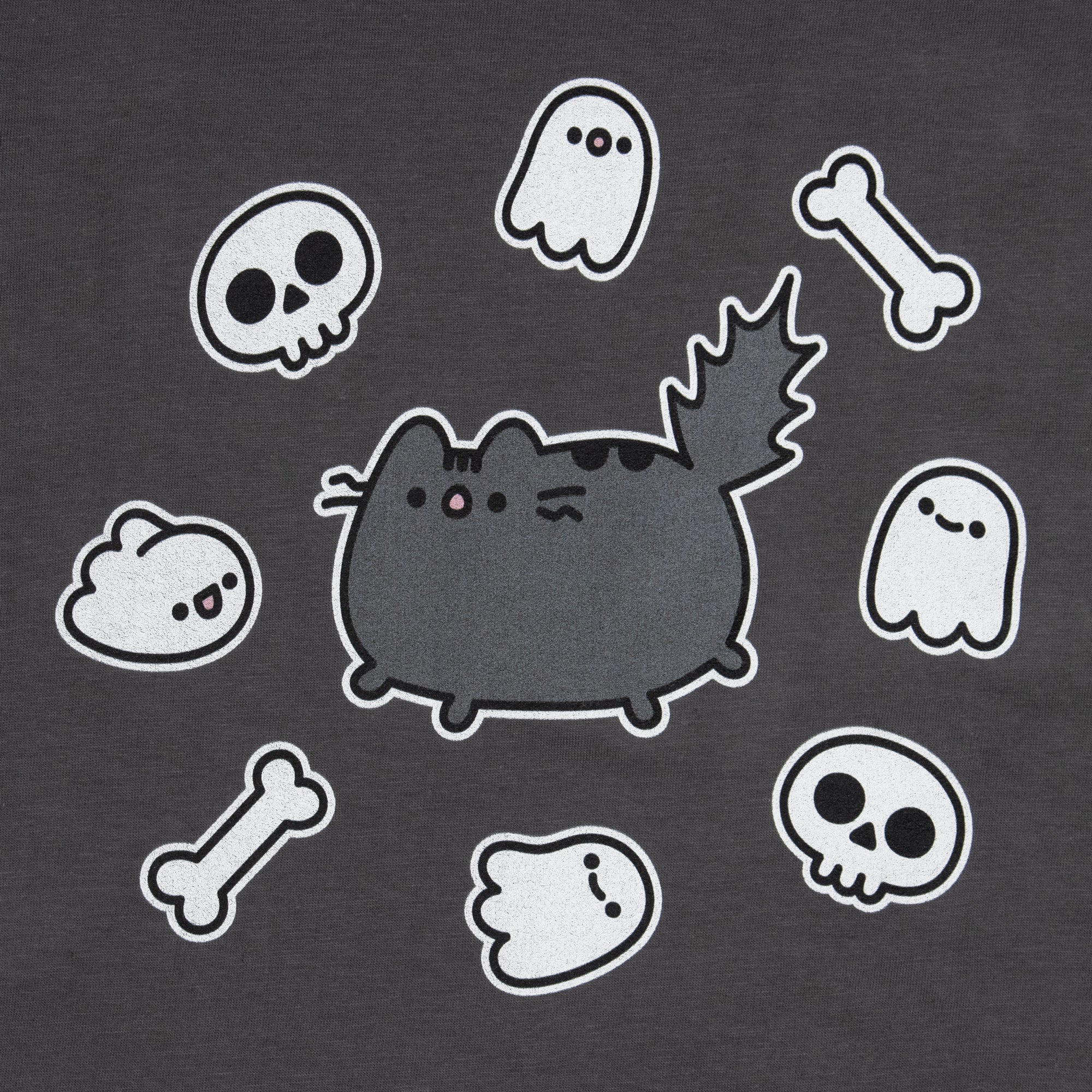 image on shirt: scaredy cat pusheen scared with bushy tall in the middle of a circle of ghosts, bones, and skeletons.