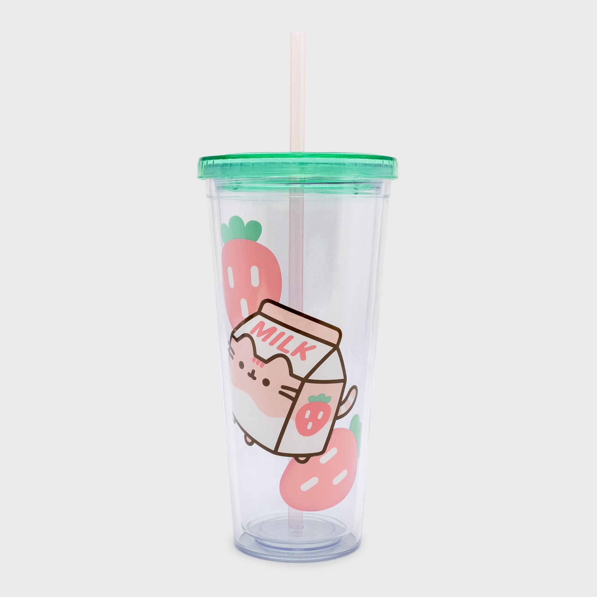 pusheen tumbler. pusheen as strawberry milk with 2 strawberries