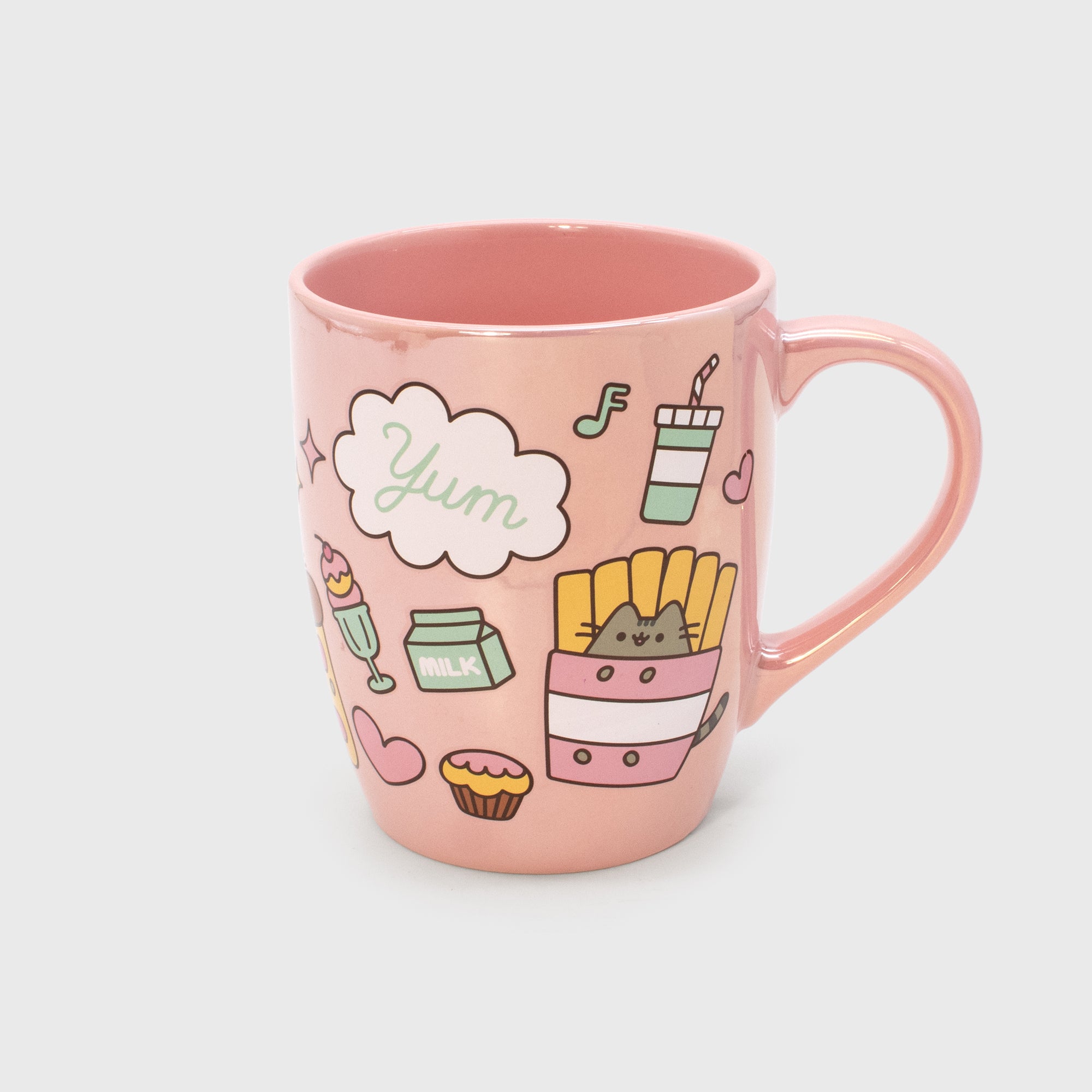 side 2 of mug. cloud bubble says yum. ice cream. milk carton. heart. music note. drink with straw. pusheen as french fries. milk carton.