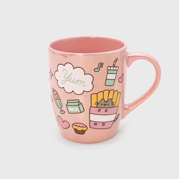side 2 of mug. cloud bubble says yum. ice cream. milk carton. heart. music note. drink with straw. pusheen as french fries. milk carton.