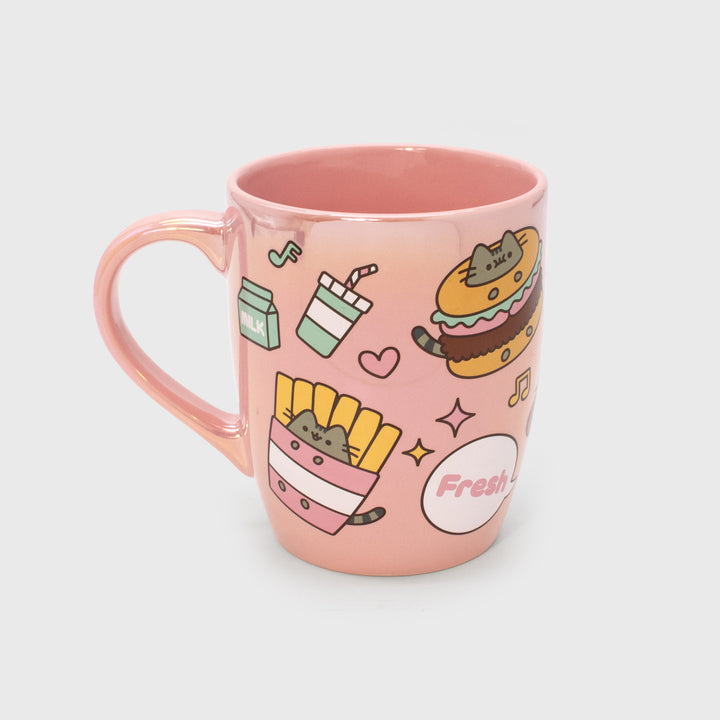 side 1 of mug. pusheen as french fries. pusheen as a burger. milk carton. music note. heart. sparkles drink cup with straw. speech bubble says fresh.