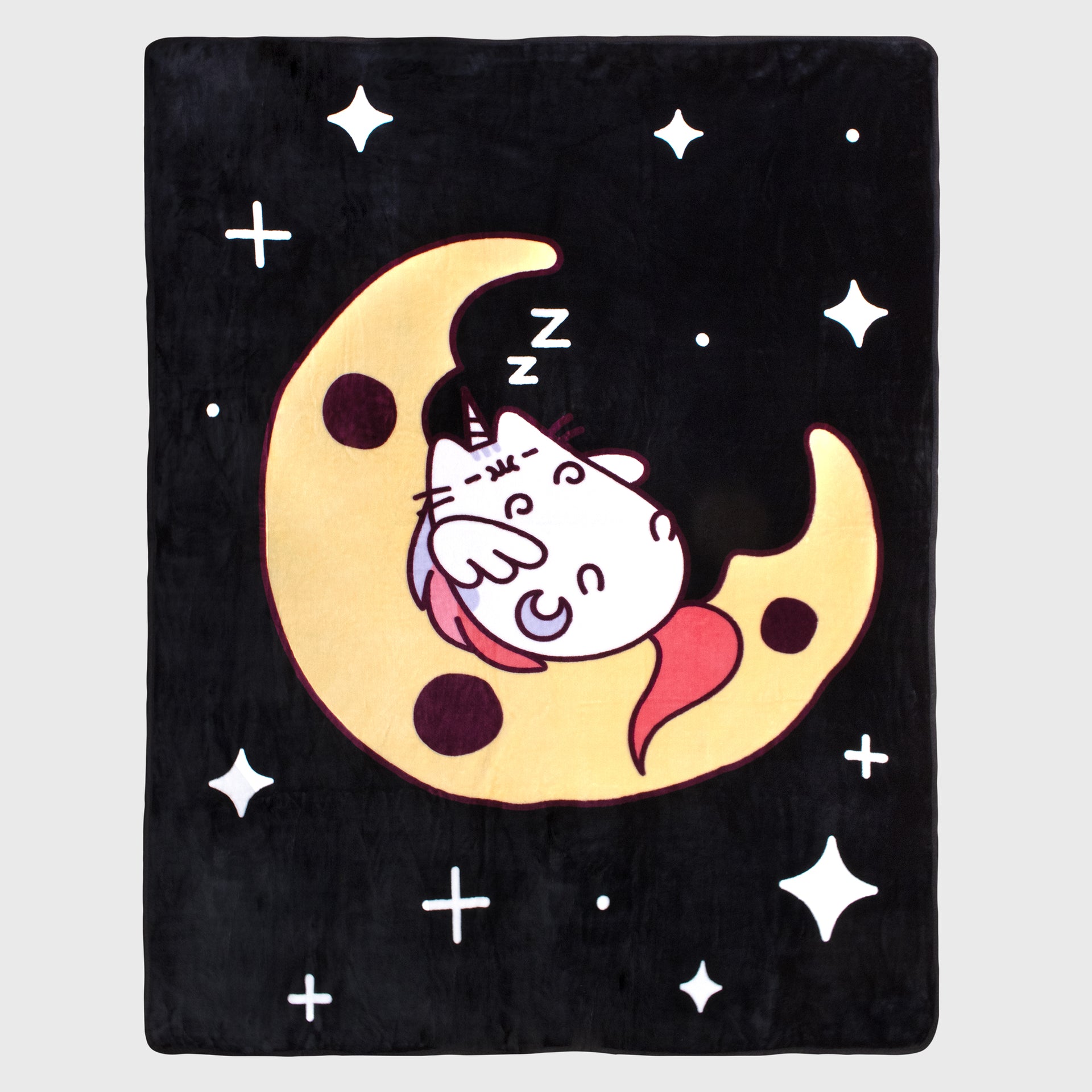 pusheen blanket. image on blanket: super pusheenicorn sleeping on half eaten cookie moon in the stars.