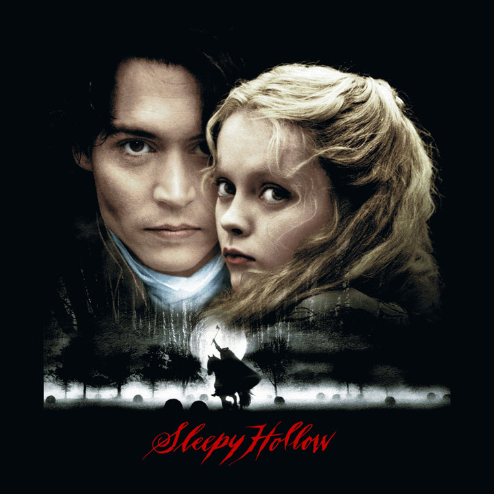 image on front of shirt: man and woman facing forward. headless person holding axe riding on horse in graveyard with moon behind. text: sleepy hollow