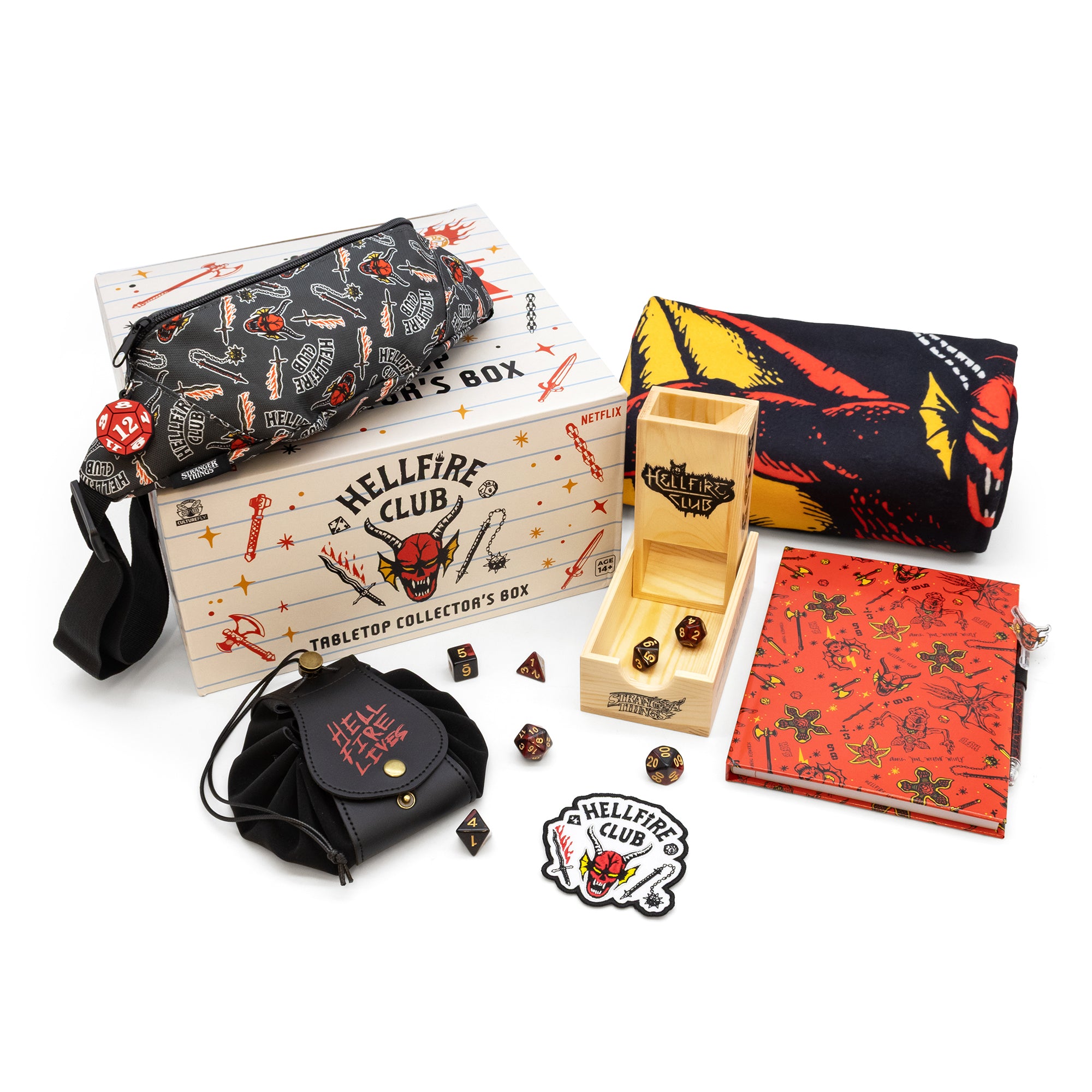 Hellfire Club themed gaming accessories including dice bags, a box, and dice on a white background.