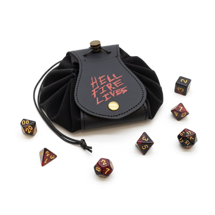 Black dice pouch with 'HELL FIRE LIVES' text and dice set on a white background