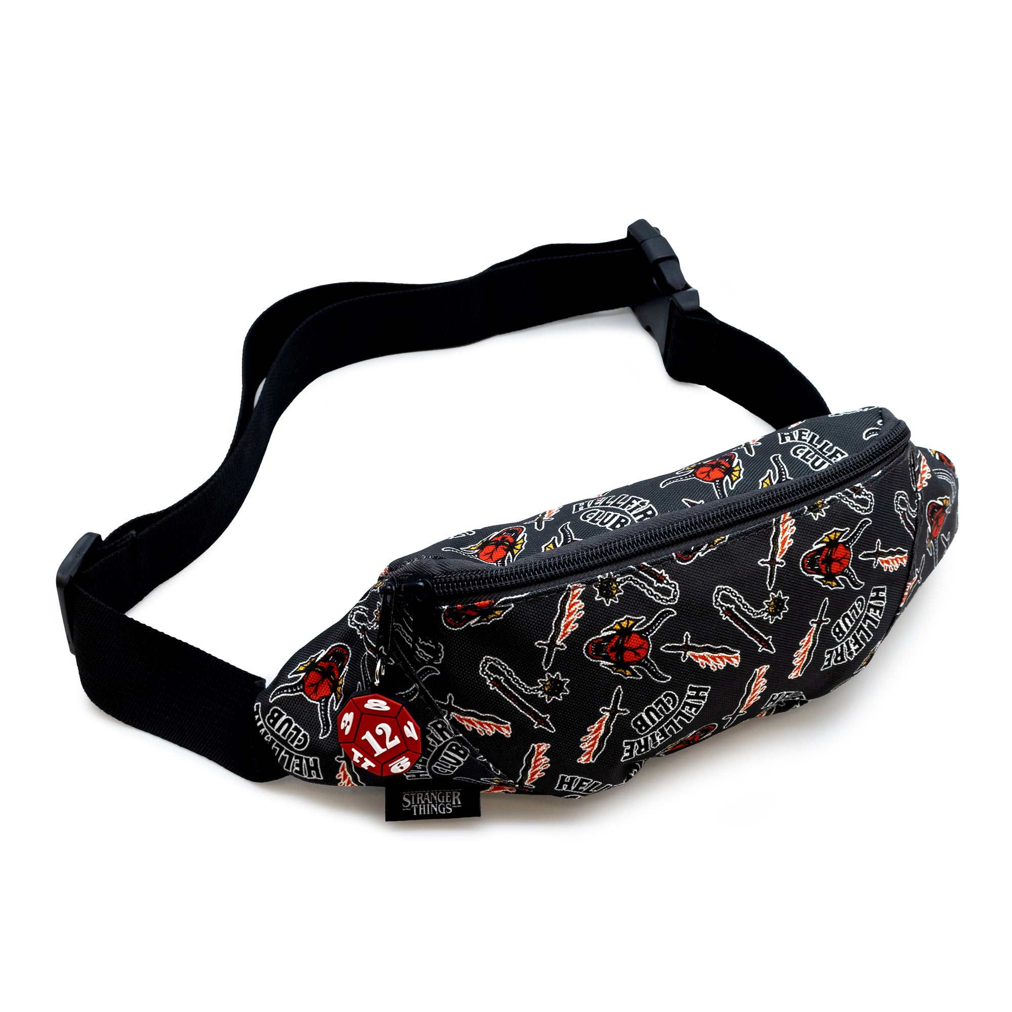 Black fanny pack with dice and game design pattern on a white background