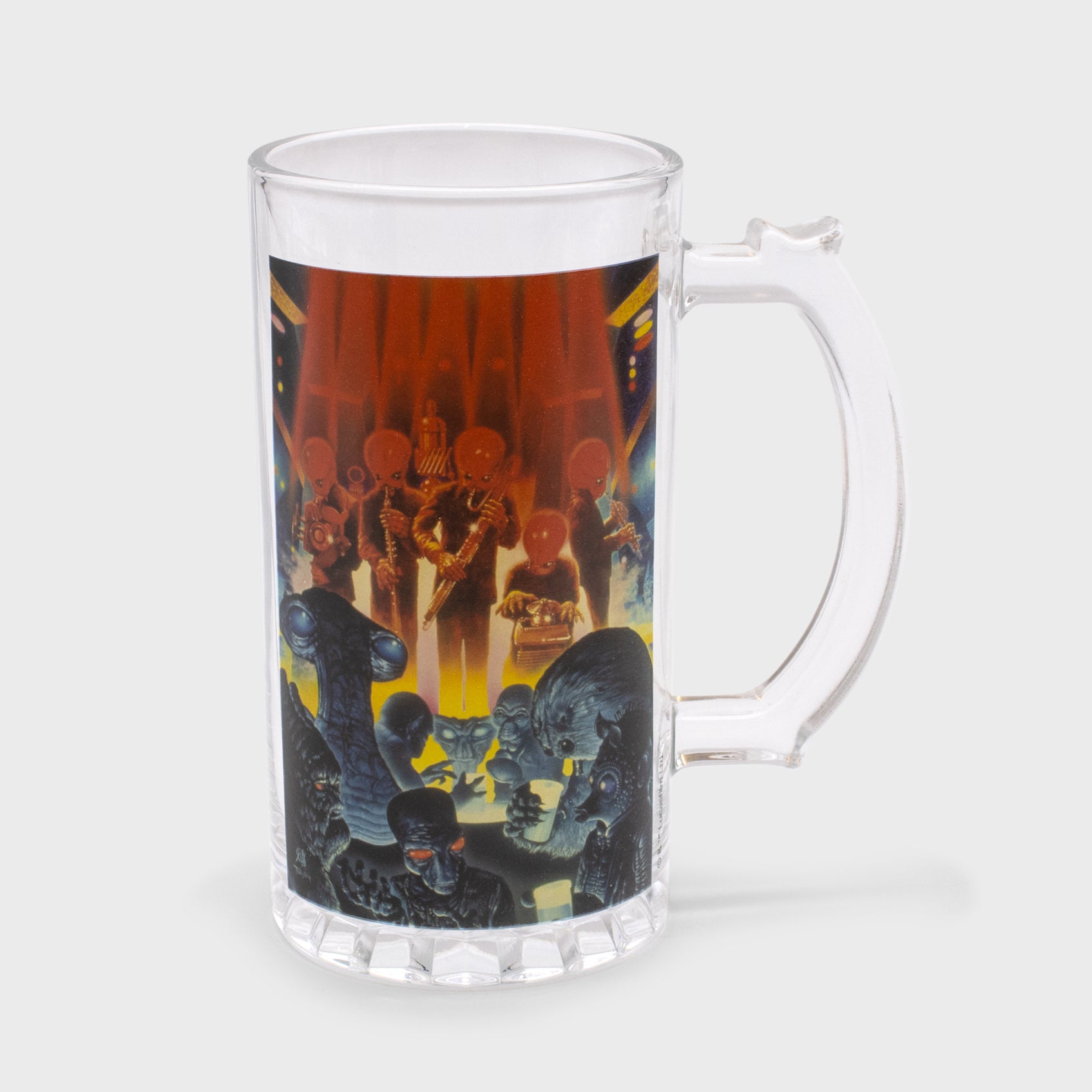 star wars cantina glass mug. image: jazz band and patrons in catina.