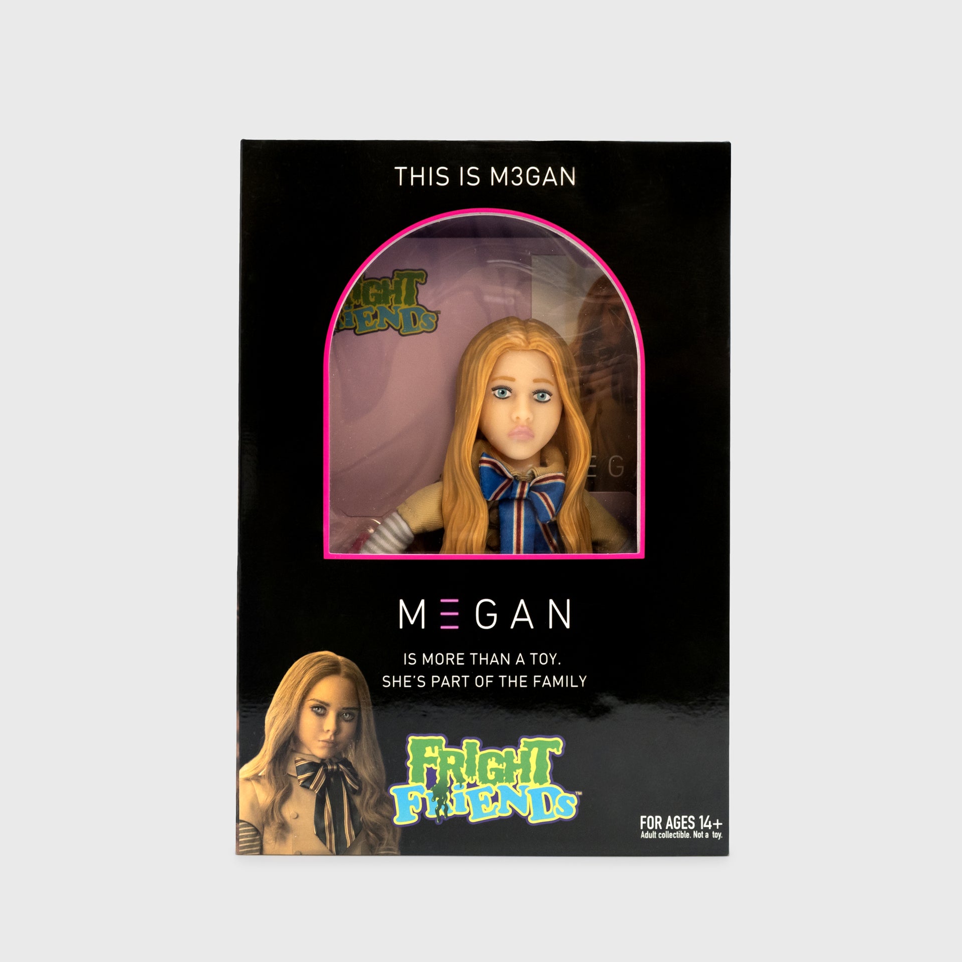 megan doll in box. text on box: this is m3gan. m3gan is more than a toy. she's part of the family. fright fiends. for ages 14_ adult collectible. not a toy.