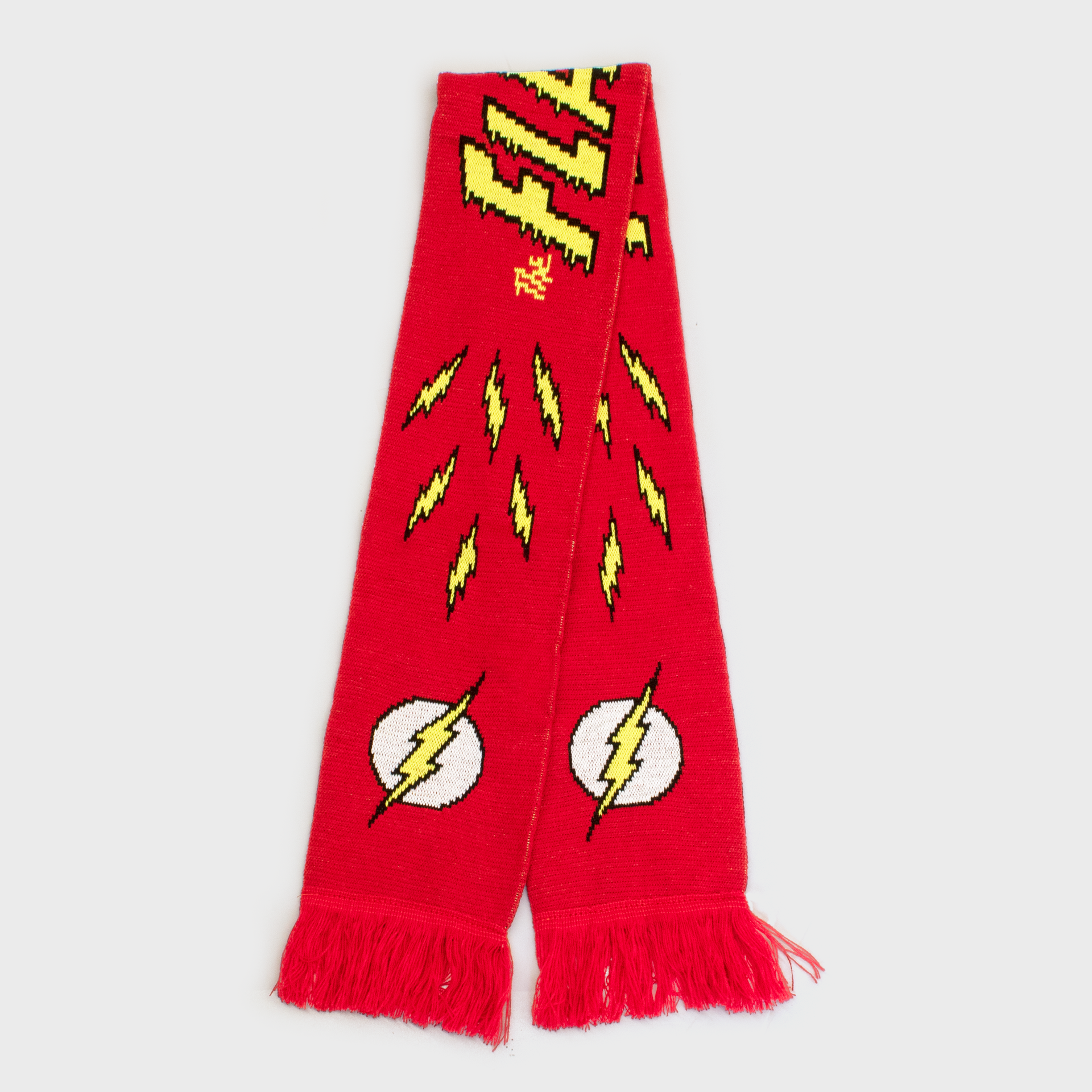 the flash scarf. flash lightning bolt symbol on ends. lightning blots surround word: the flash