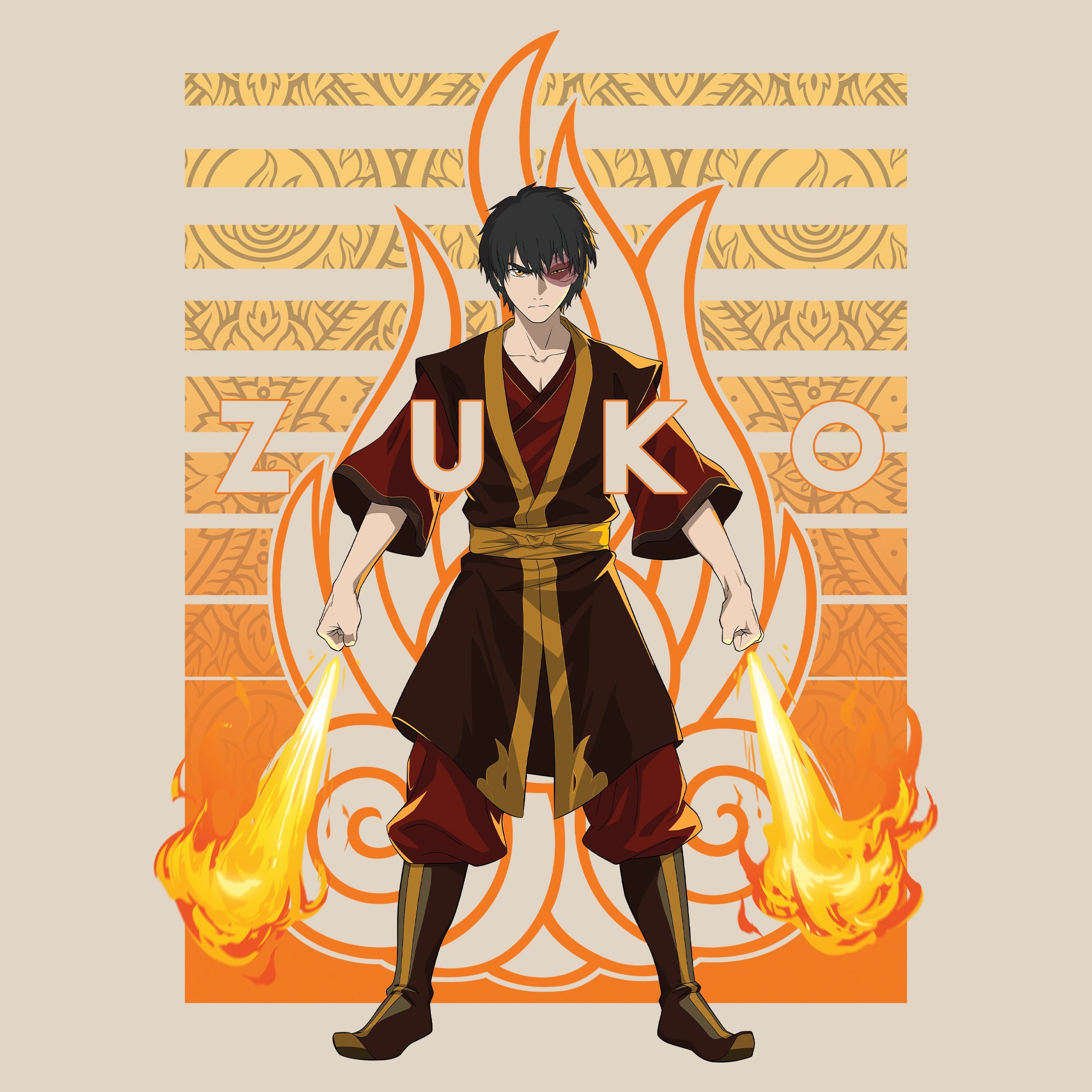 image on shirt: zuko standing with flames coming out of fists. fire nation symbol behind him. text: zuko