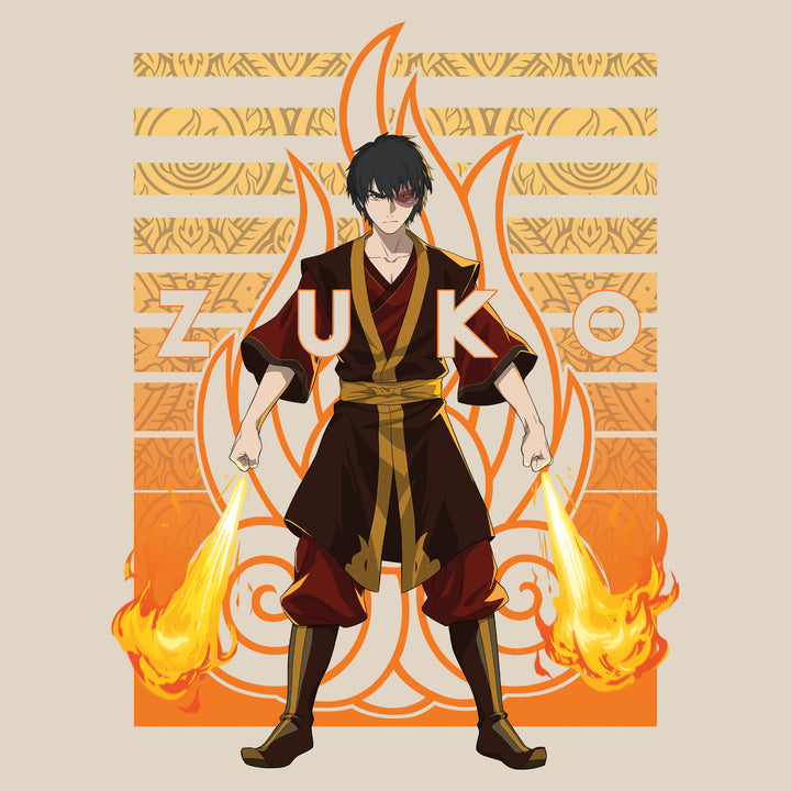 image on shirt: zuko standing with flames coming out of fists. fire nation symbol behind him. text: zuko