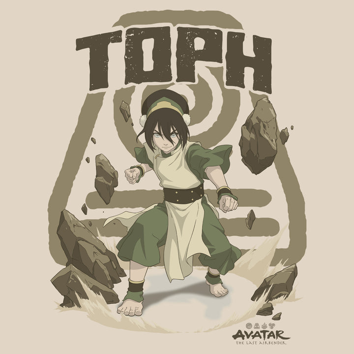 image on shirt: toph bending rocks. earth nation symbol behind her. text: toph avatar the last airbender