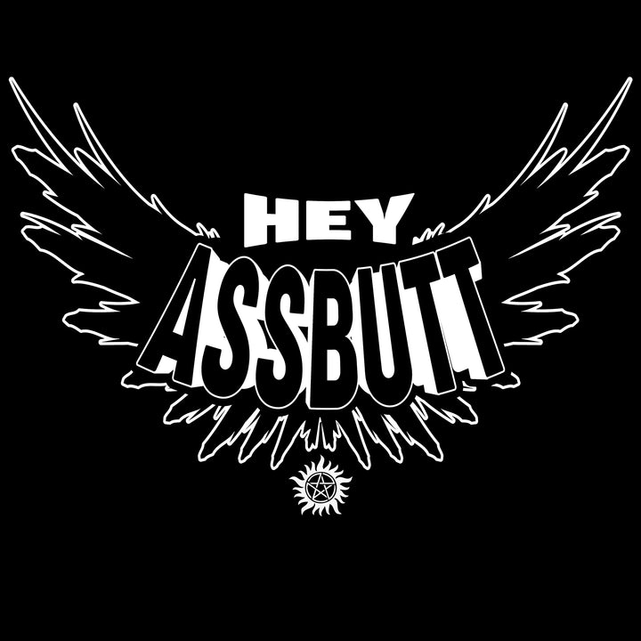 image on shirt: angel feathered wings. supernatural star symbol. text: hey assbutt