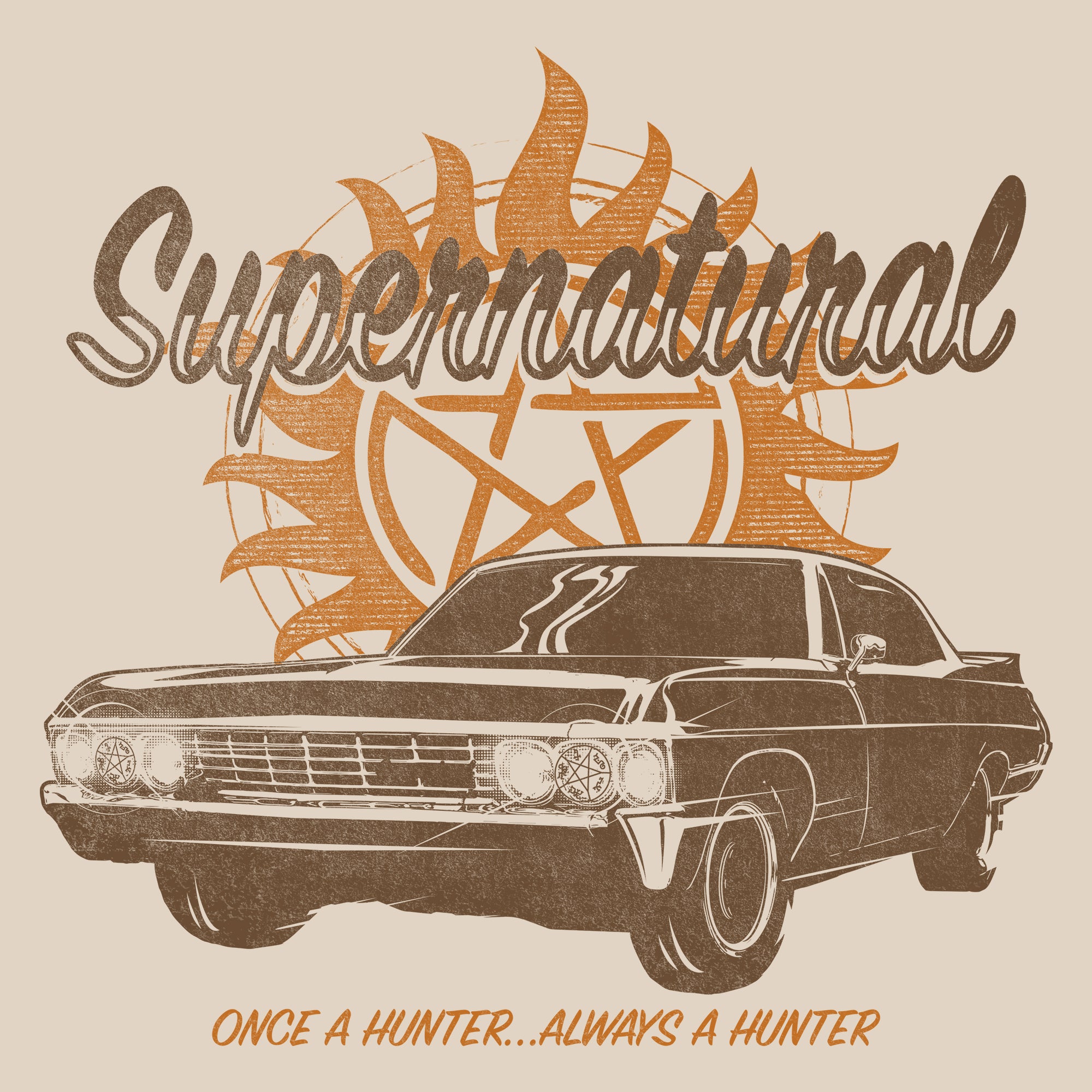 image on shirt: car/impala, supernatural symbol. text: supernatural once a hunter...always a hunter