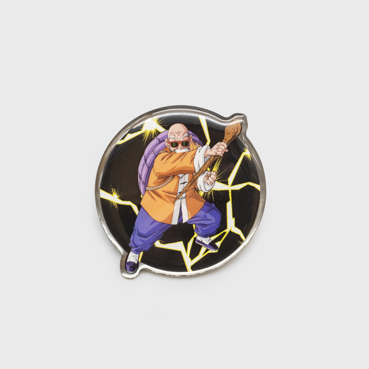 master roshi pin. roshi stands with his walking stick ready to battle. lightning is behind him.