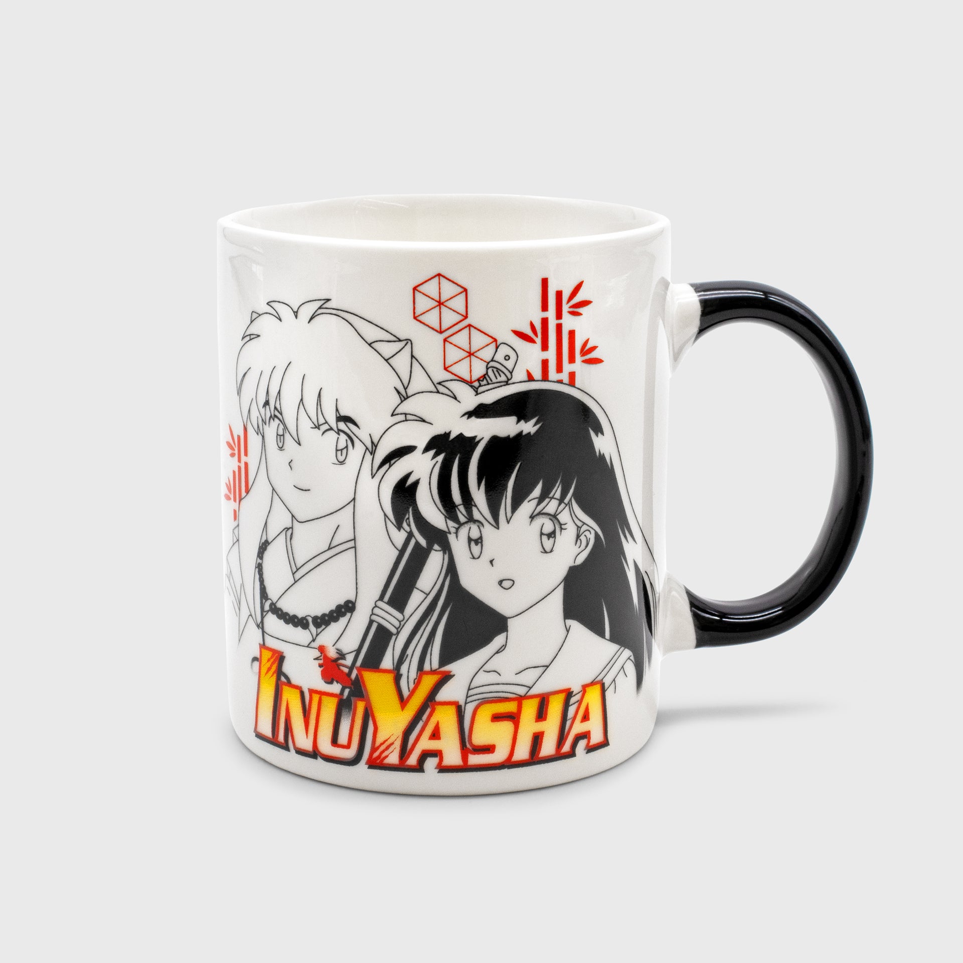 inuyasha white mug with black handle. image on mug: cat boy and girl. text on mug: inuyasha
