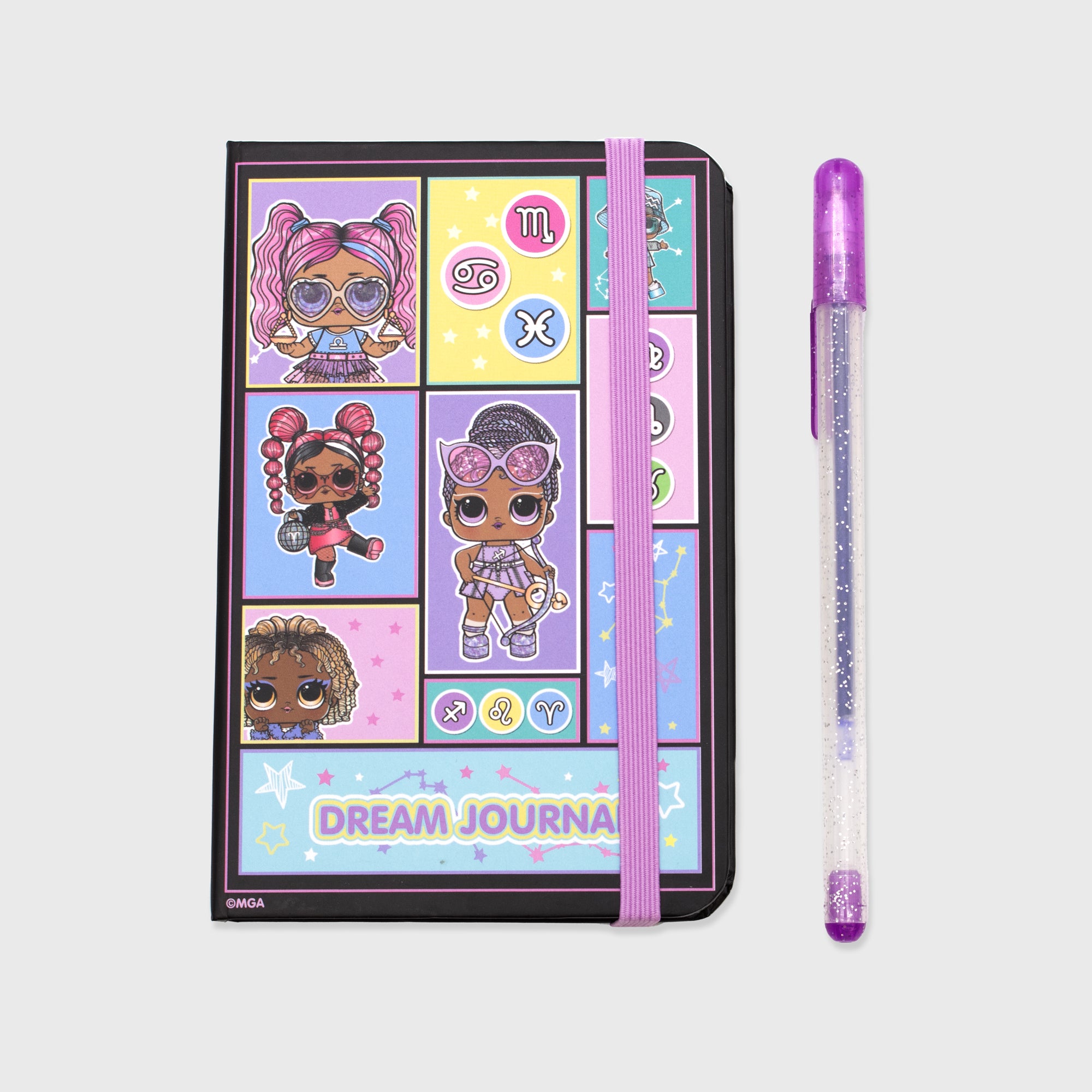 lol surprise journal and sparkle pen. image on cover: lol surprise dolls with zodiac signs. text: dream journal
