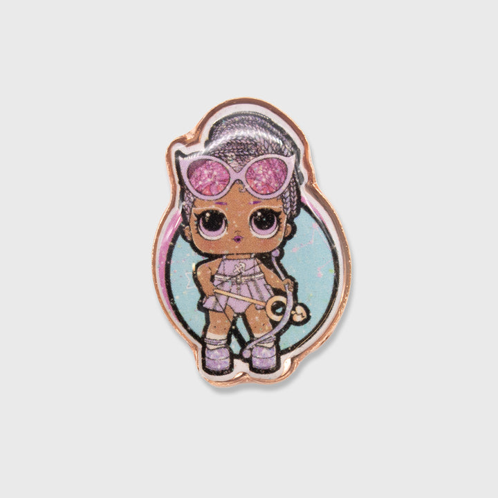 lol surprise collectible pin. image of a lol surprise doll with bow and arrow.