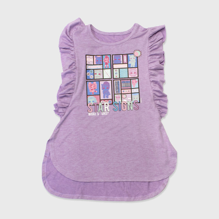 lol surprise fashion top. image: lol surprise dolls with zodiac signs. text on shirt: star signs what's urs? has ruffled sleeves