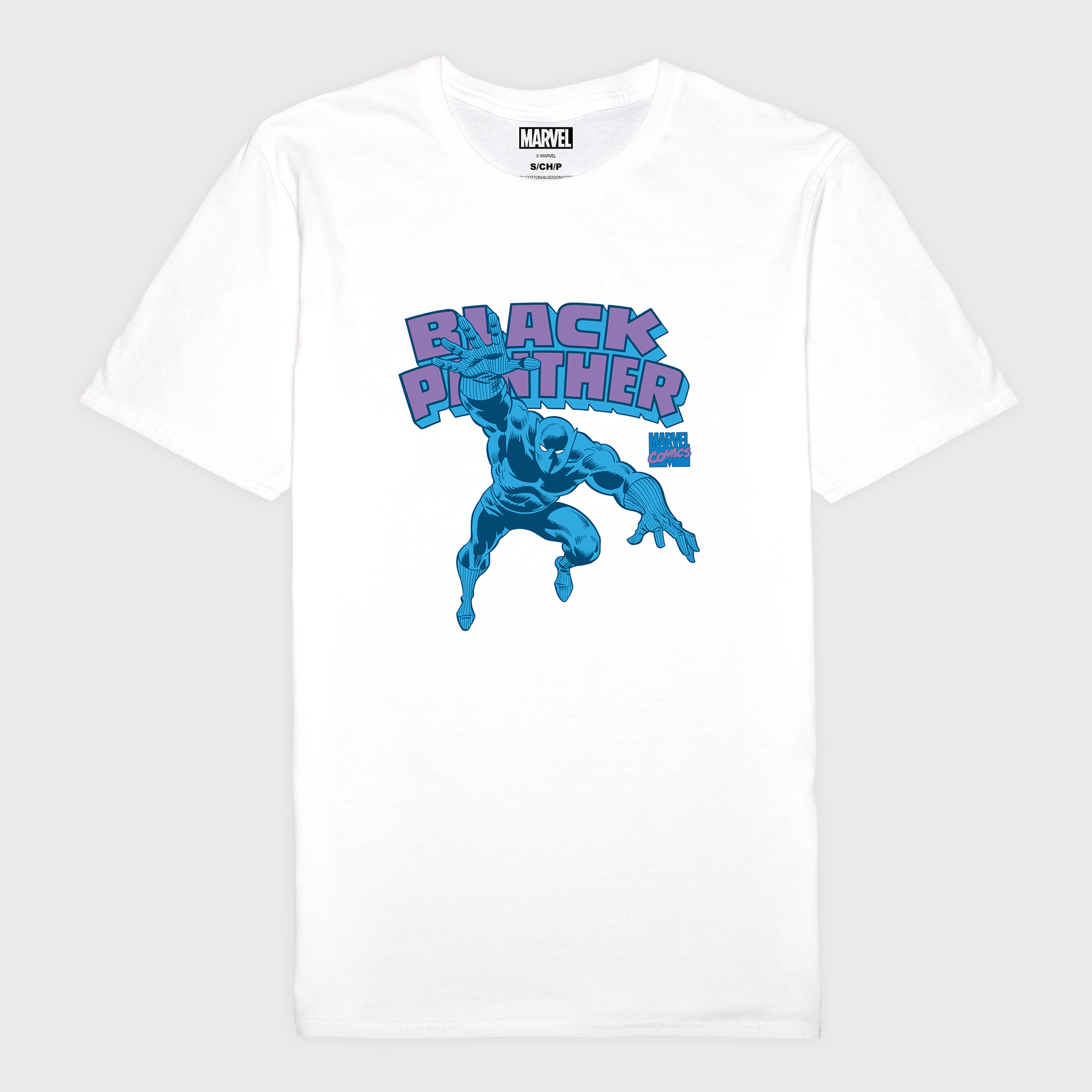 black panther white t-shirt. image on shirt: black panther in a retro blue costume leaping out. text on shirt: Black panther marvel comics