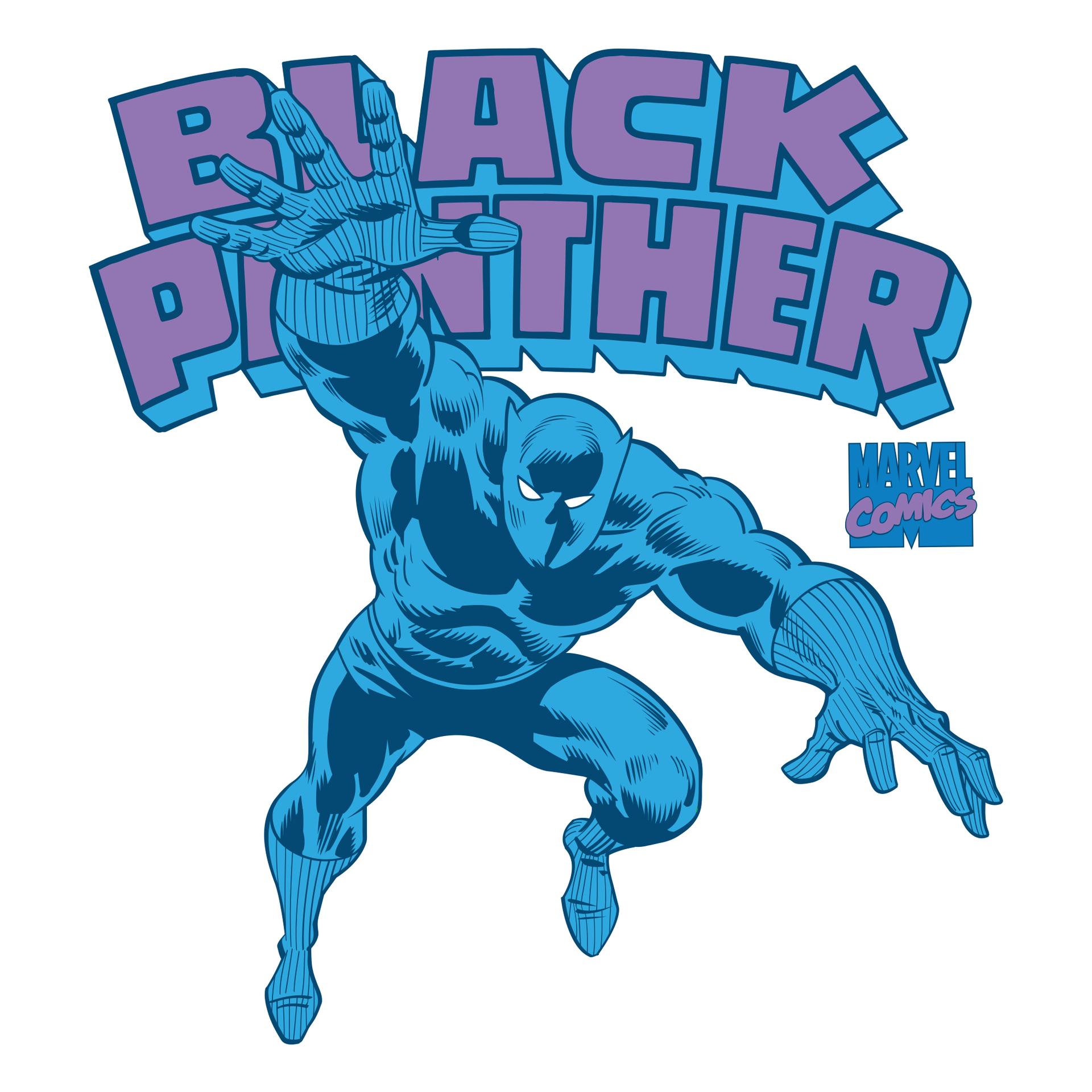 close up of image on shirt: black panther in a retro blue costume leaping out. text on shirt: Black panther marvel comics