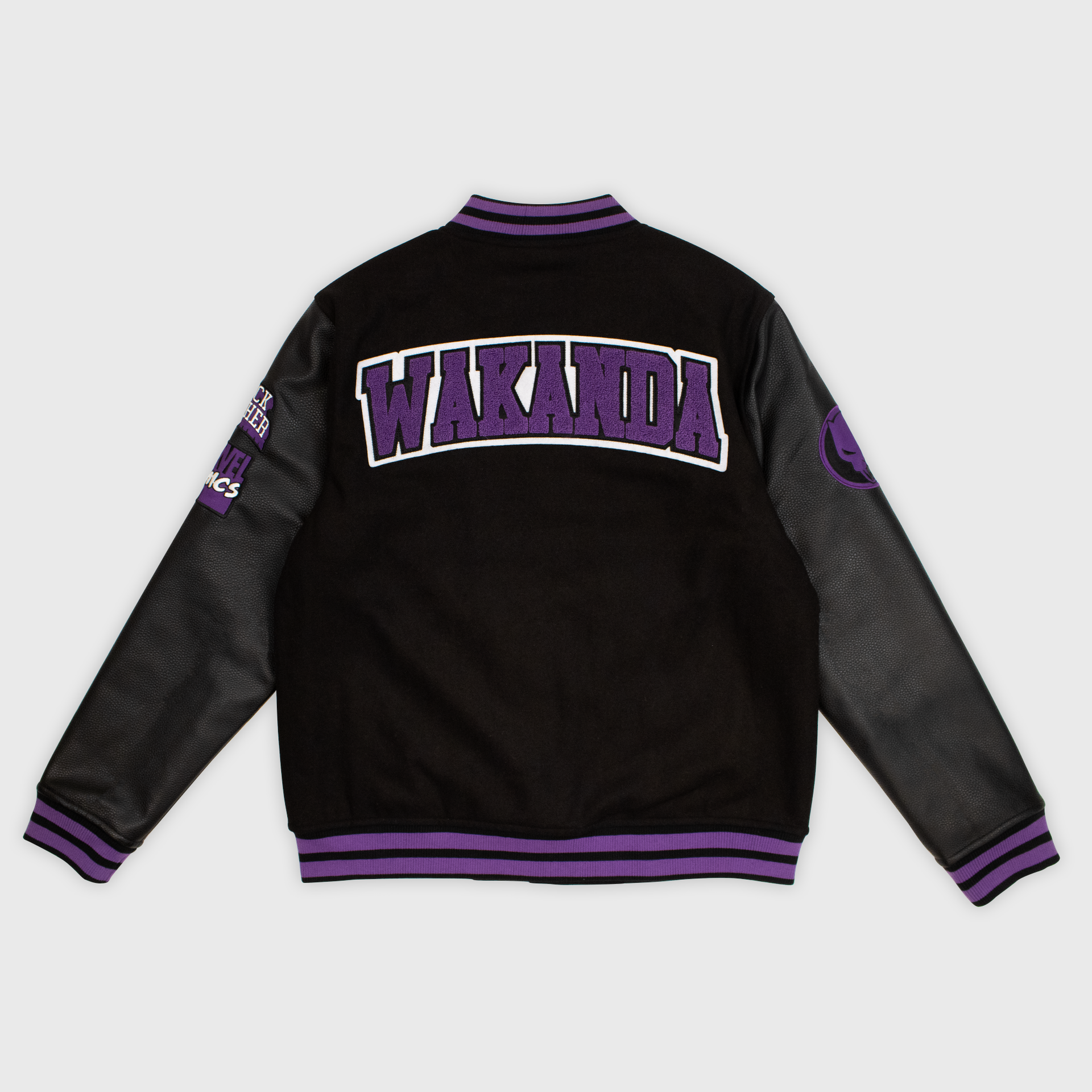 black panther letterman jacket back. patch has WAKANA in purple letters