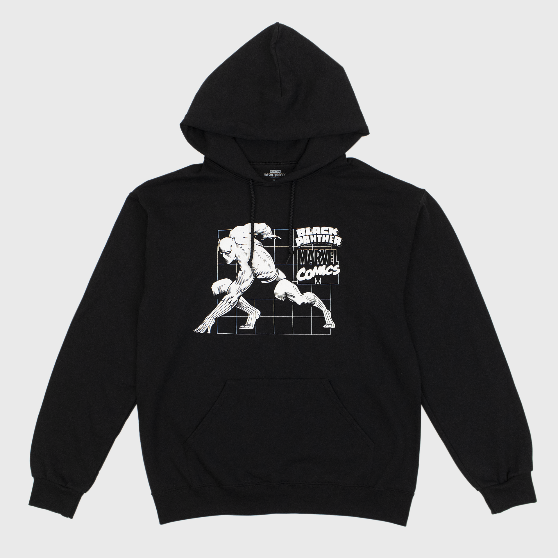 black panther black pull over hoodie. image on front: white square grid. black panther crouching in from in black and white. text: black panther marvel comics