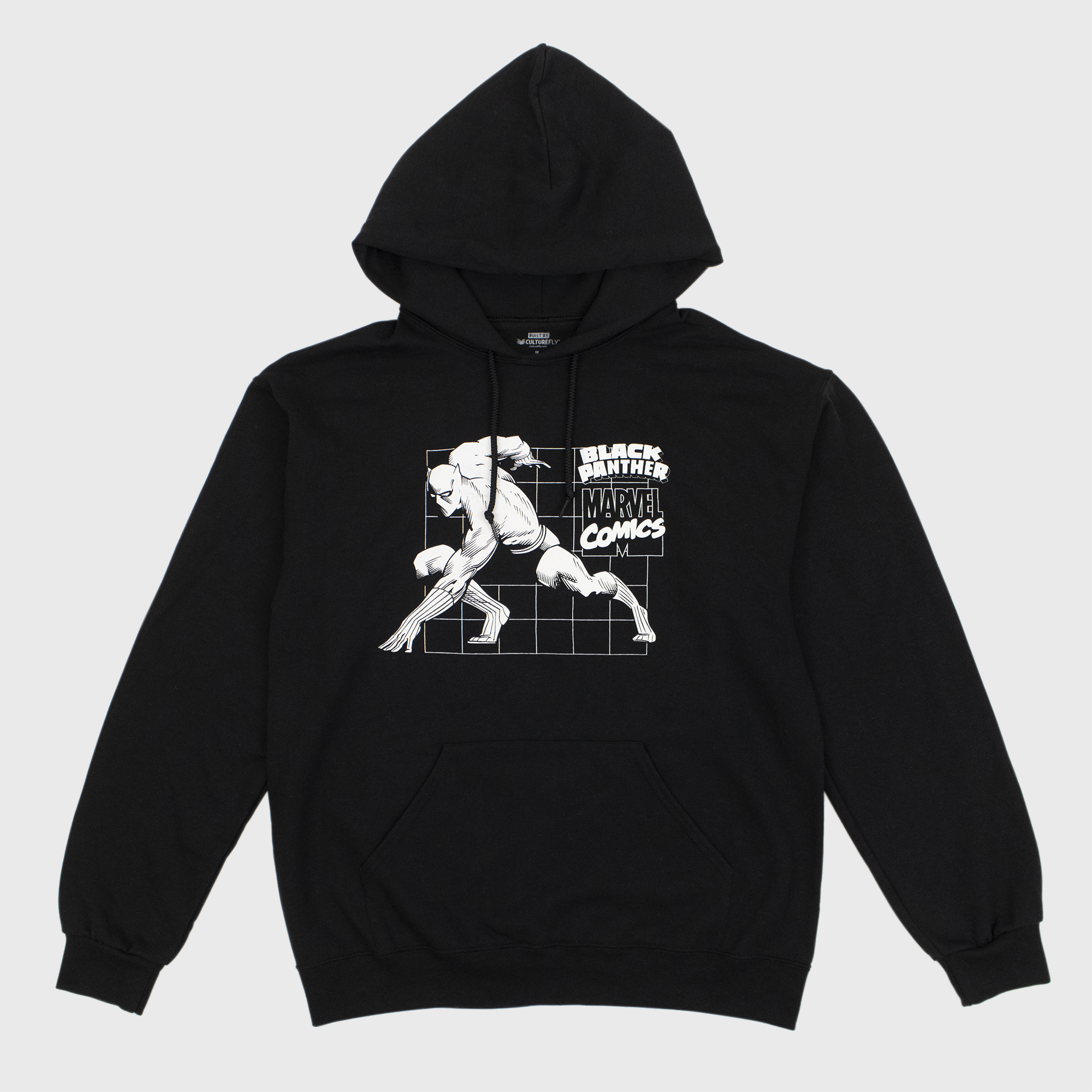 black panther black pull over hoodie. image on front: white square grid. black panther crouching in from in black and white. text: black panther marvel comics