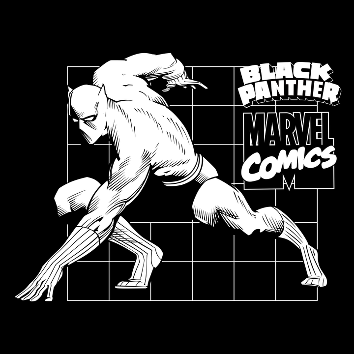 close up image on front: white square grid. black panther crouching in from in black and white. text: black panther marvel comics