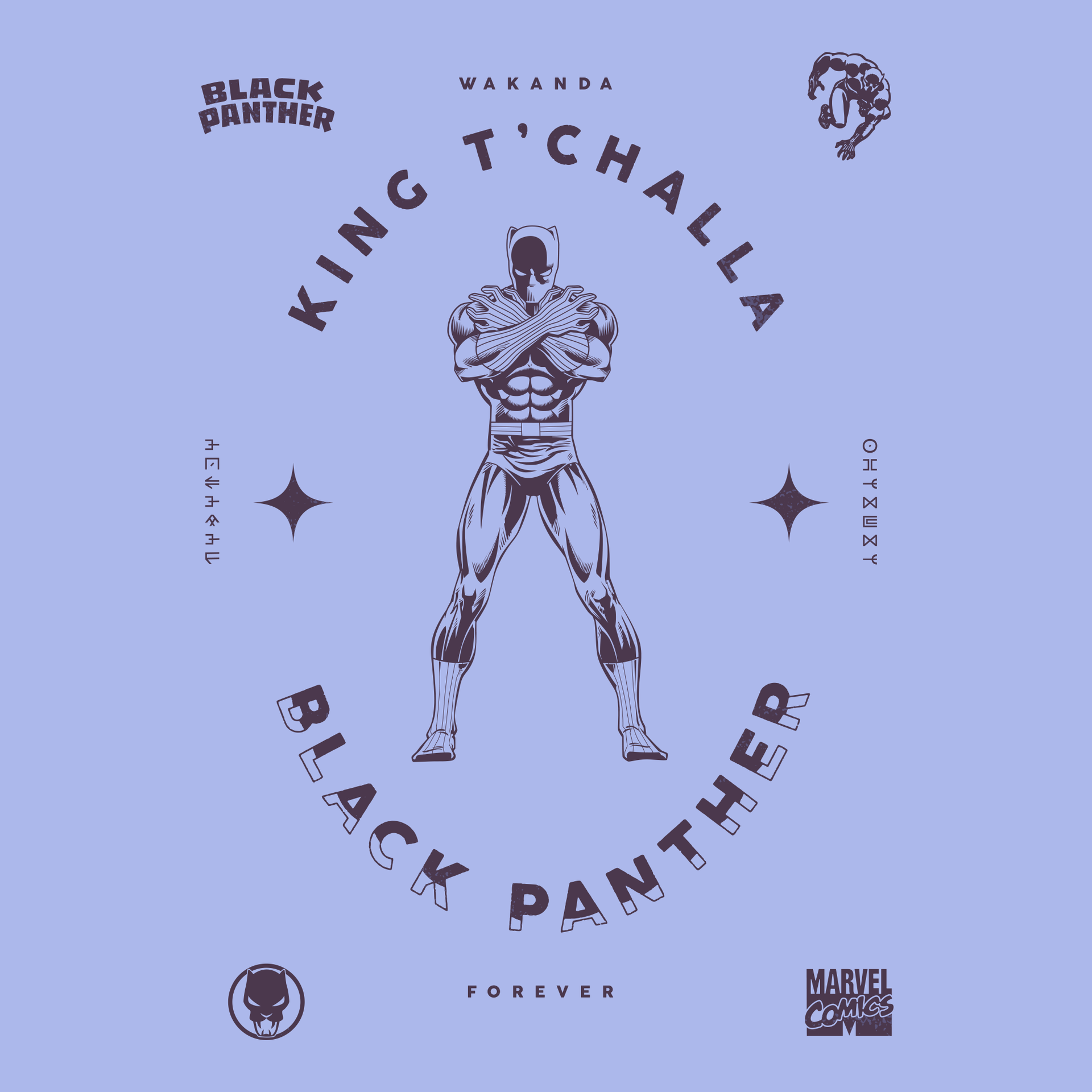 close up of image on shirt: black panther in wakanda forever stance. text on shirt: black panther wakanada forever marvel comics king t'challa