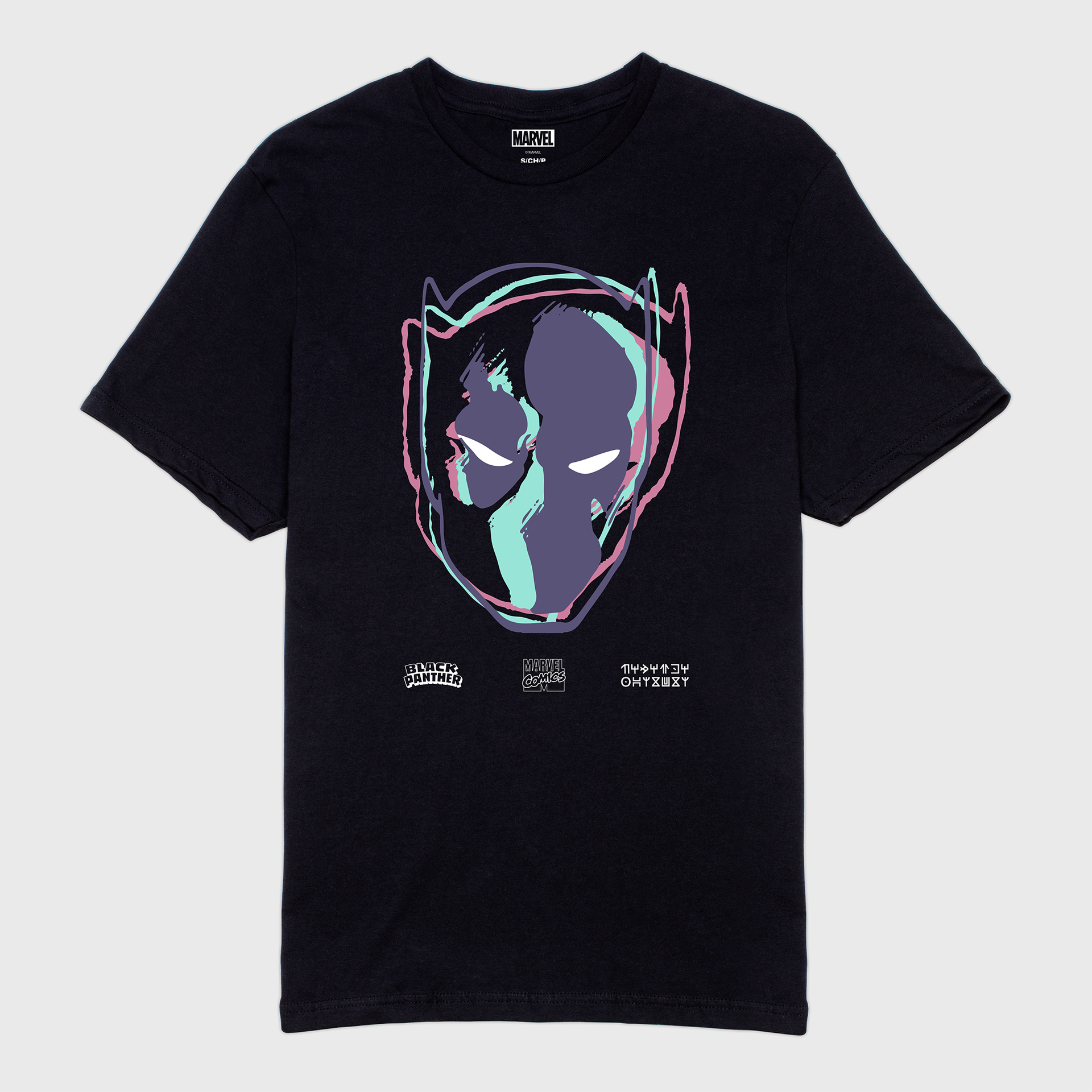 black panther t-shirt image is of black panther mask warping into different colors purple teal pink. black t-shirt