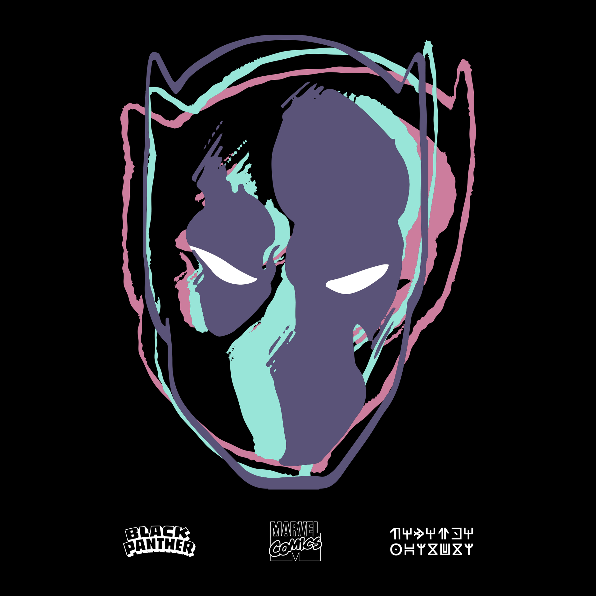 close up of image of black panther mask warping into different colors purple teal pink. text on shirt: black panther marvel comics wakanda language