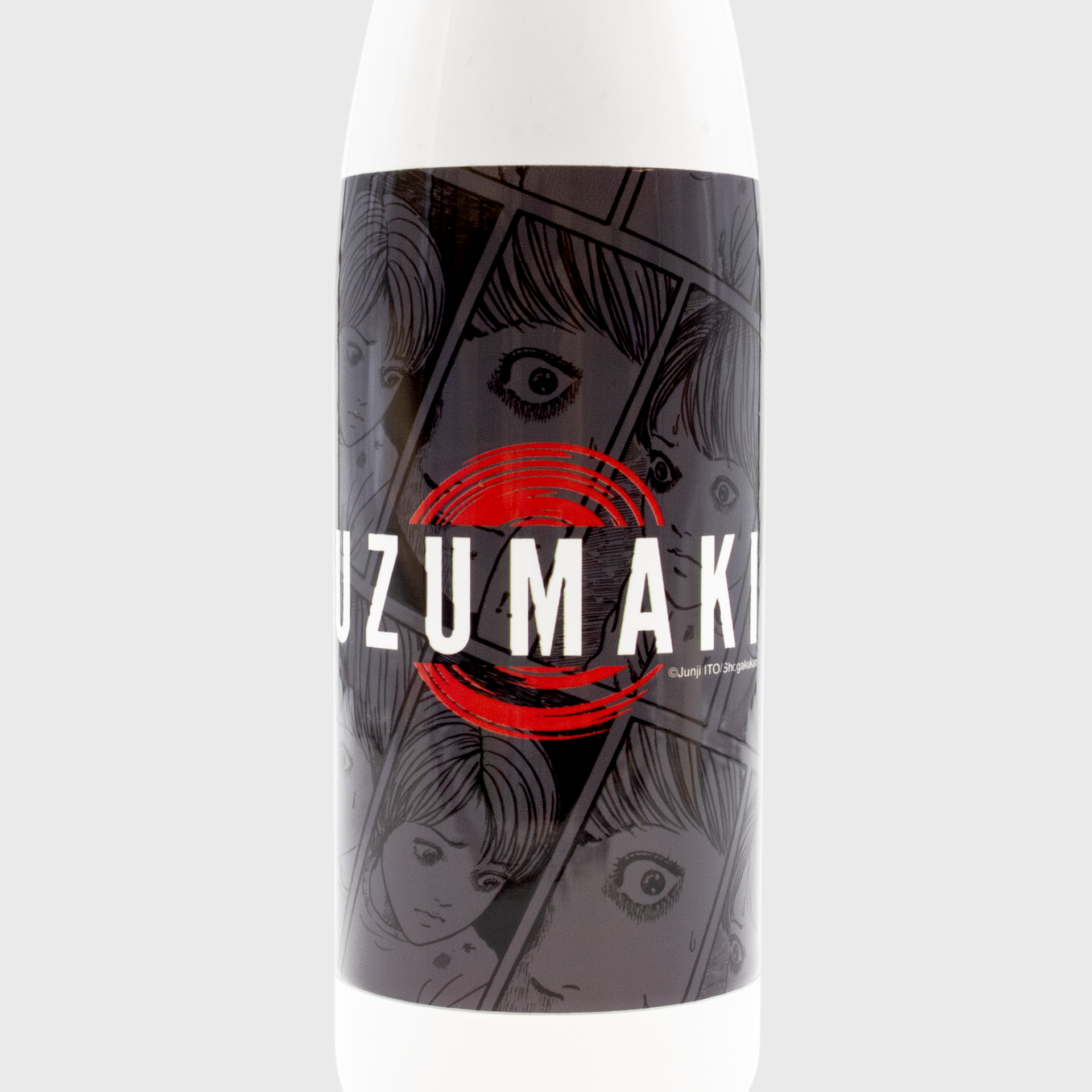 close up comic panel with faces and eyes in dark gray around center of bottle. text on bottle: uzumaki