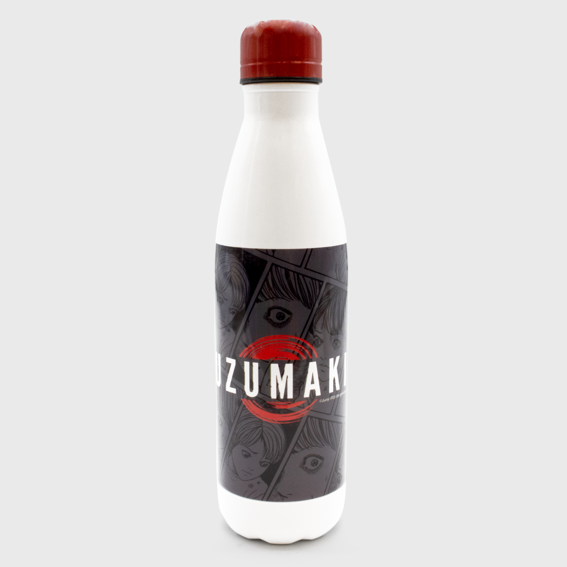 uzumaki white water bottle. comic panel with faces and eyes in dark gray around center of bottle. red cap. text on bottle: uzumaki